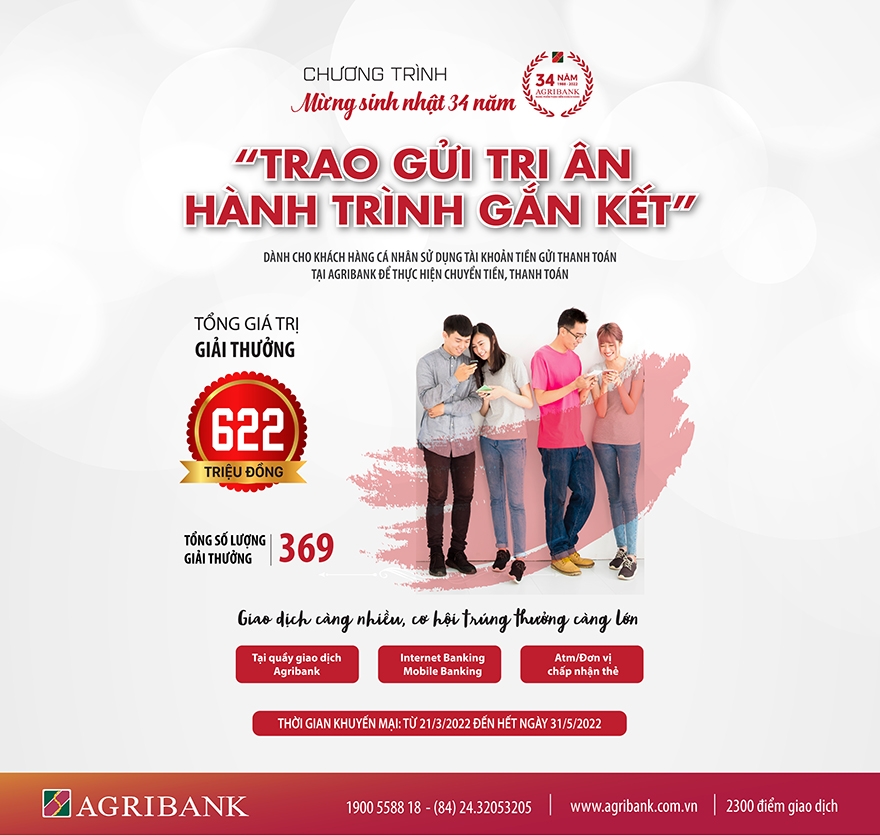 Chương trình khuyến mãi mừng sinh nhật 34 năm Agribank “Trao gửi tri ân – Hành trình gắn kết”