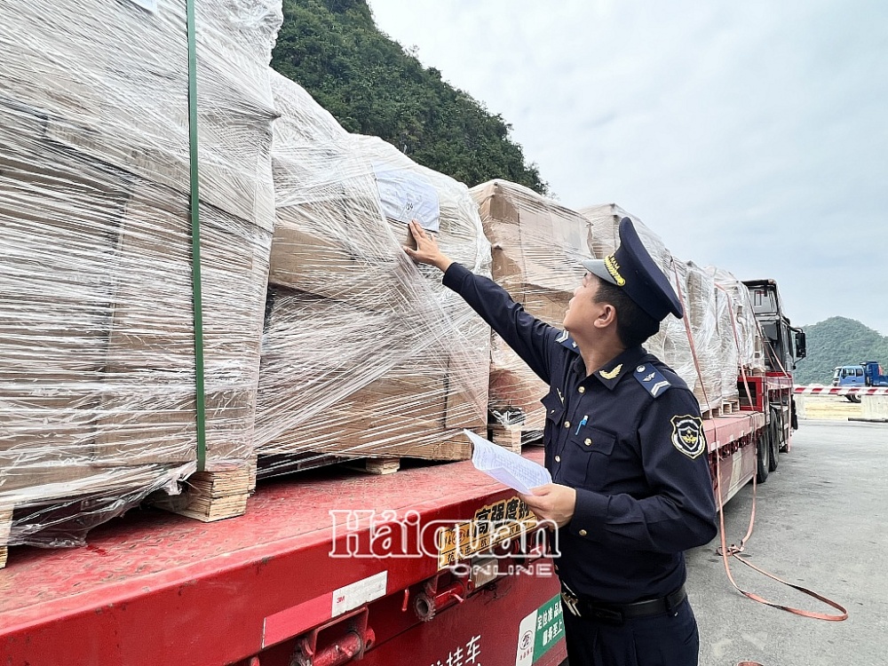 Công chức Hải quan Tân Thanh kiểm tra mặt hàng máy móc NK. Ảnh: H.Nụ