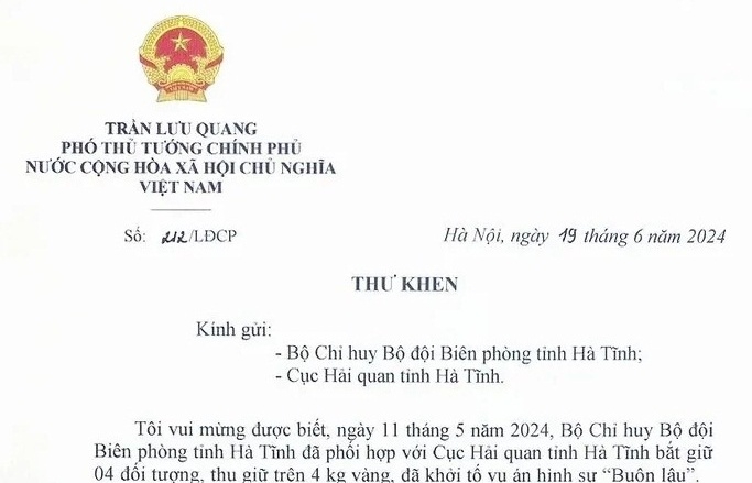 Phó Thủ tướng Chính phủ gửi thư khen Hải quan- Biên phòng Hà Tĩnh