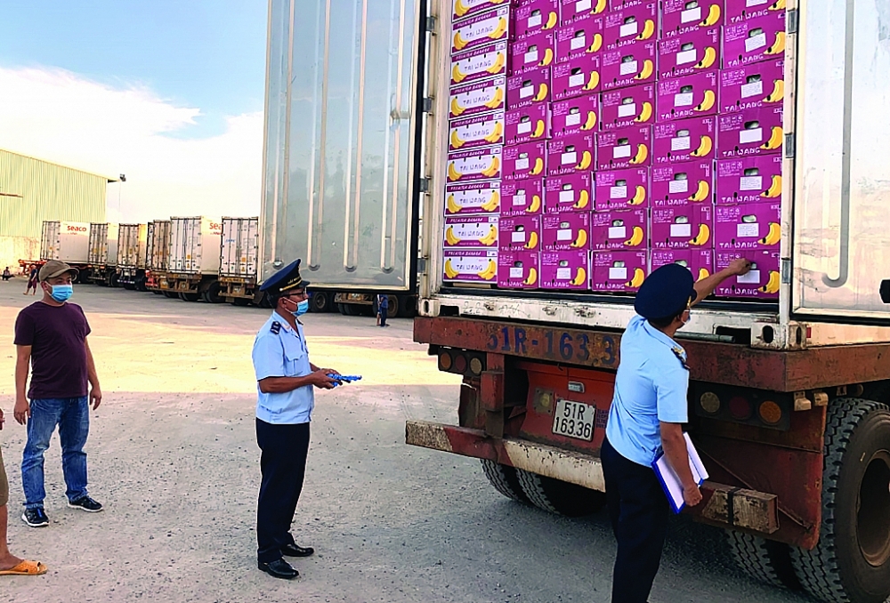 Công chức Chi cục Hải quan cửa khẩu quốc tế Lệ Thanh kiểm tra nông sản nhập khẩu từ Campuchia.  	Ảnh: N.H