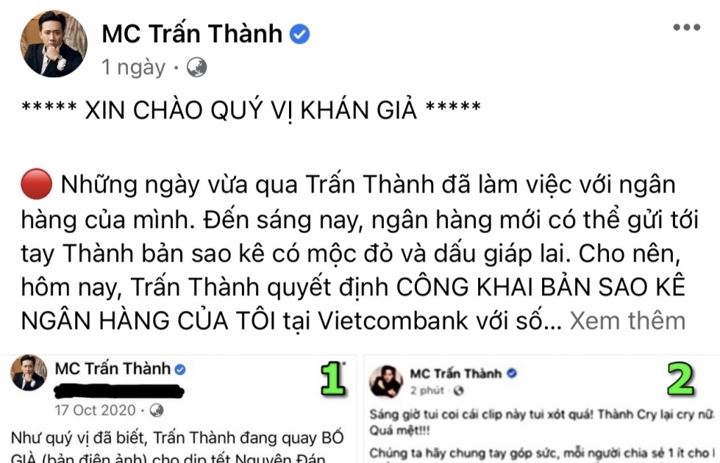 Fanpage bị "tấn công" sau khi MC Trấn Thành công bố sao kê, Vietcombank nói gì?