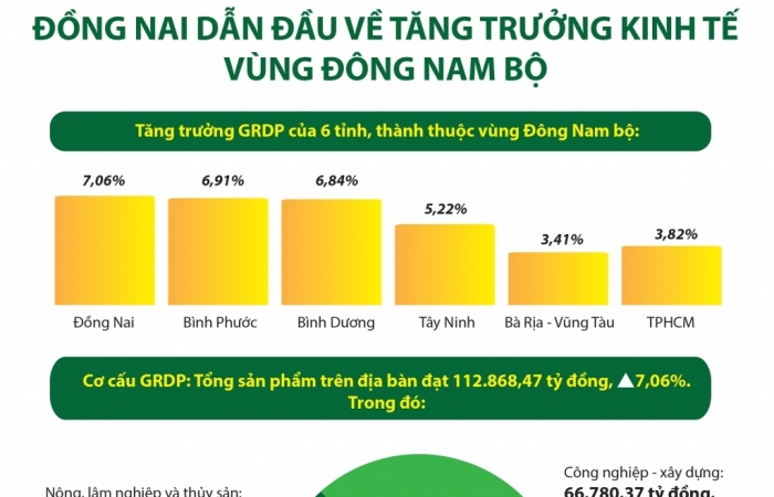 Infographics: Đồng Nai dẫn đầu về tăng trưởng kinh tế vùng Đông Nam bộ