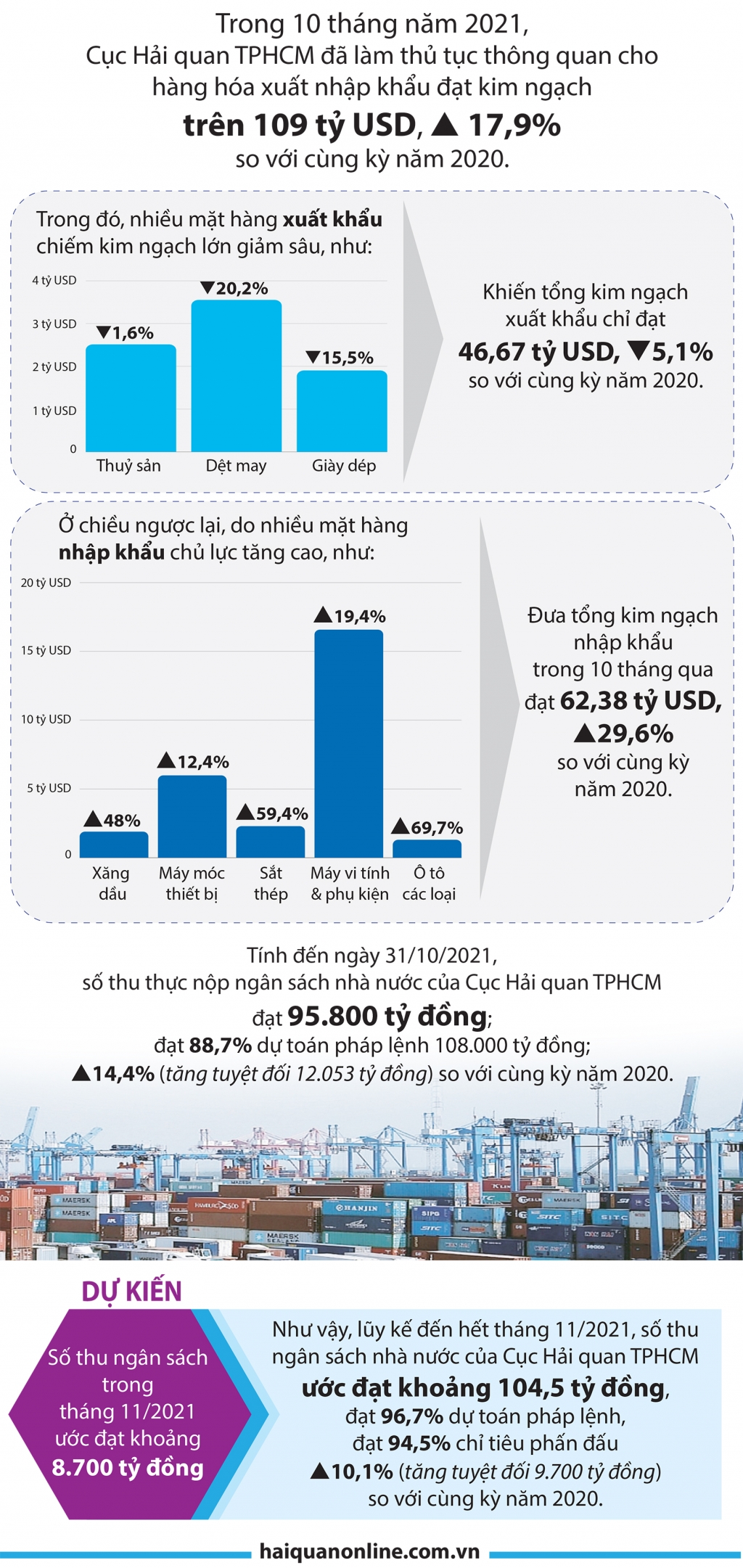 Infographics: Gần 110 tỷ USD hàng hóa XNK qua cảng biển TP Hồ Chí Minh
