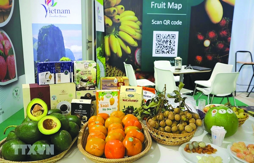 Các sản phẩm của Việt Nam được trưng bày tại Hội chợ trái cây Macfrut, Italy. 	Ảnh : TTXVN