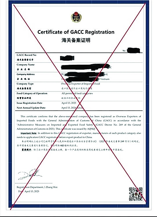 Mẫu “Giấy chứng nhận đăng ký của Tổng cục Hải quan Trung Quốc - Certificate of GACC Registration” giả mạo. 	Ảnh: SPS Việt Nam