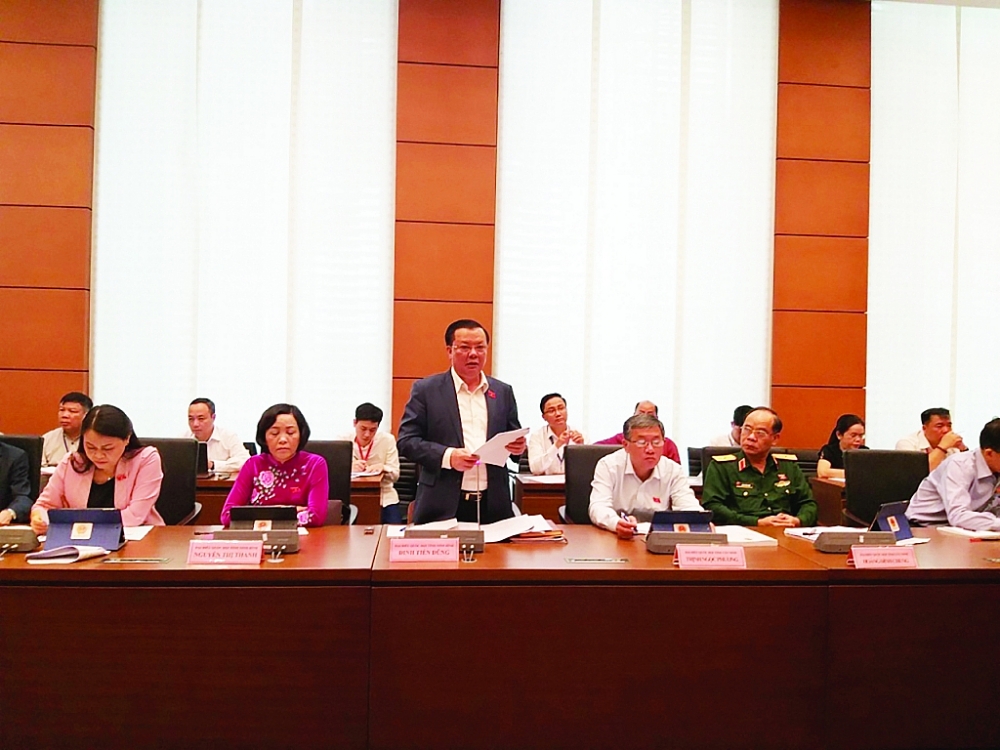 Bộ trưởng Bộ Tài chính Đinh Tiến Dũng phát biểu tại phiên thảo luận tại tổ. 	Ảnh: N.Thanh