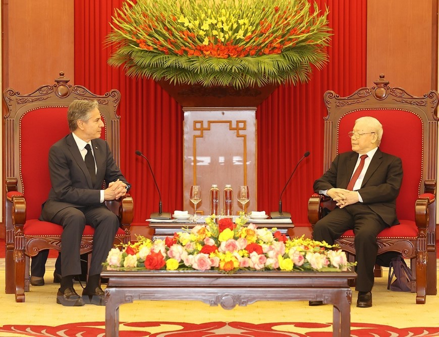 Hình ảnh Tổng Bí thư Nguyễn Phú Trọng tiếp Bộ trưởng Ngoại giao Hoa Kỳ