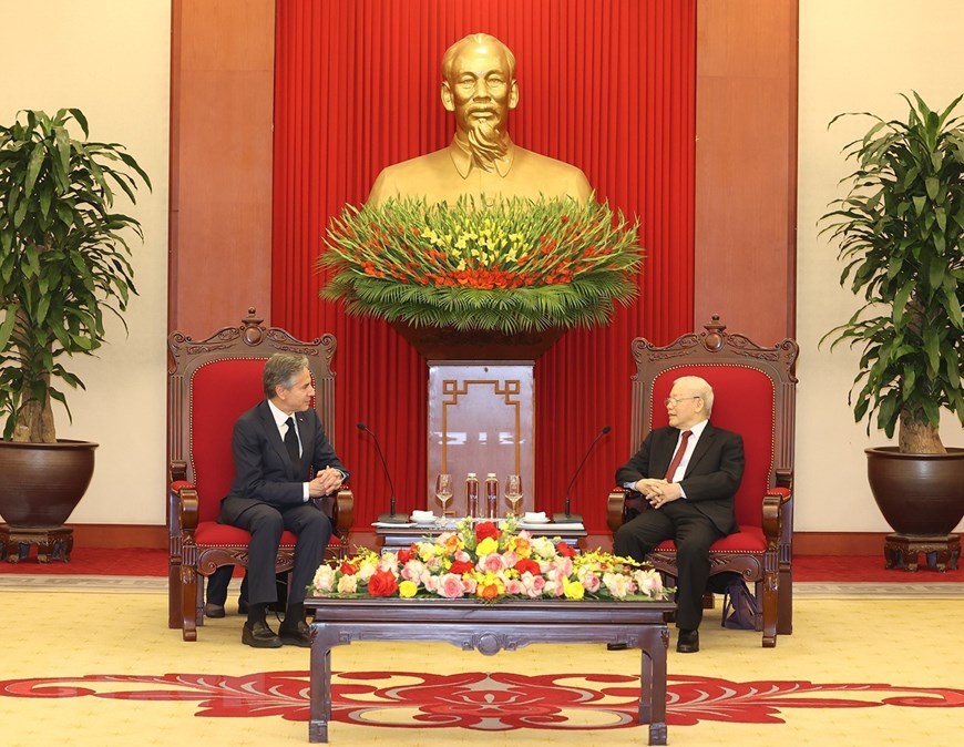 Hình ảnh Tổng Bí thư Nguyễn Phú Trọng tiếp Bộ trưởng Ngoại giao Hoa Kỳ