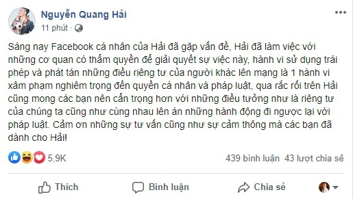 Quang Hải bị đối tượng xấu hack facebook, phát tán tin nhắn riêng tư