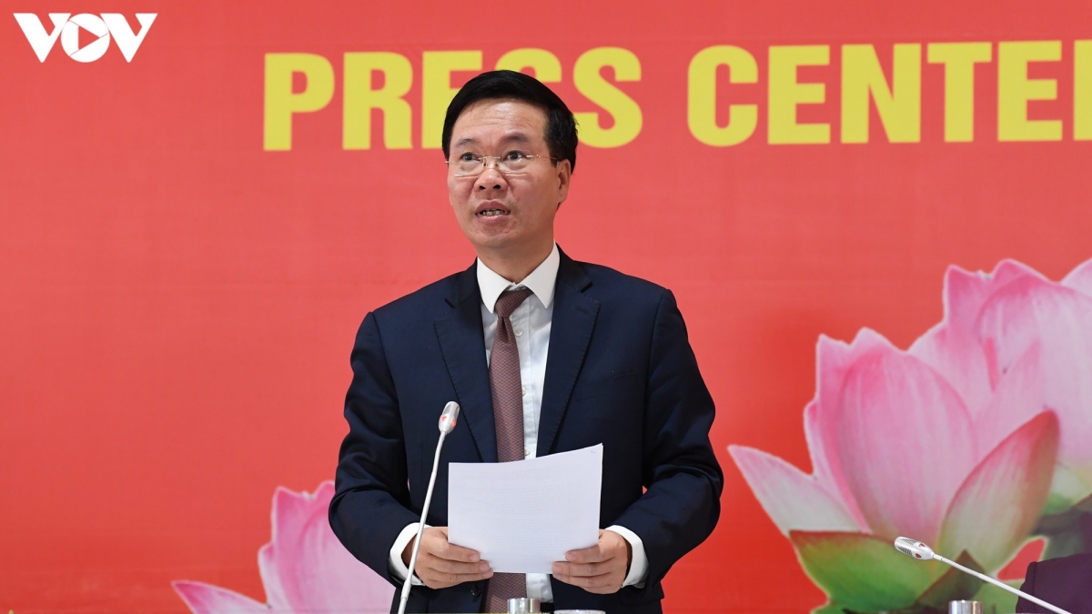 Ông Võ Văn Thưởng – Uỷ viên Bộ Chính trị, Bí thư Trung ương Đảng, Trưởng Ban Tuyên giáo Trung ương phát biểu tại cuộc họp báo trước khai mạc Đại hội XIII của Đảng.
