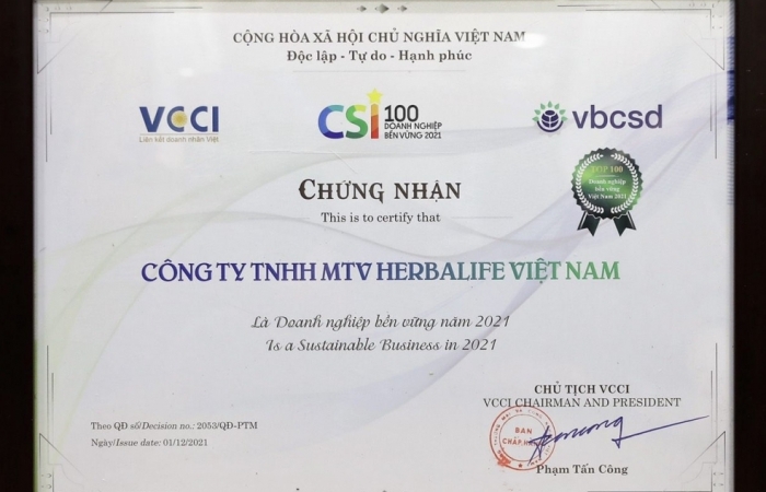 Herbalife Việt Nam được vinh danh top 100 Doanh nghiệp Bền vững Việt Nam 2021