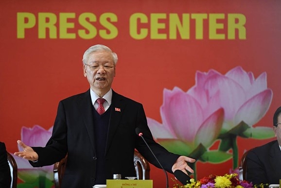 Tổng Bí thư, Chủ tịch nước Nguyễn Phú Trọng phát biểu tại buổi họp báo thông báo kết quả Đại hội XIII. Ảnh: 